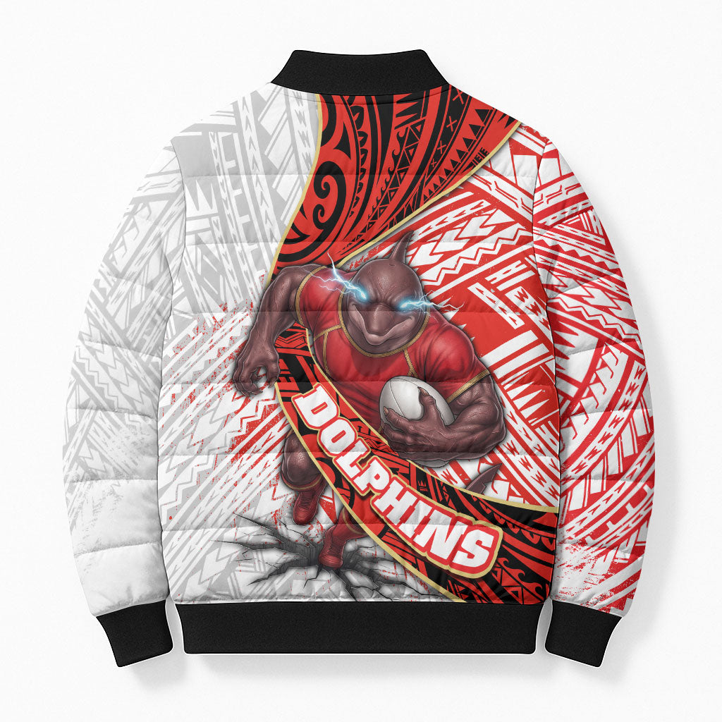 Redcliffe Dolphins NRL Rugby Bomber Puffer Jacket Tribal Polynesian Power Art - Lightning Mascot