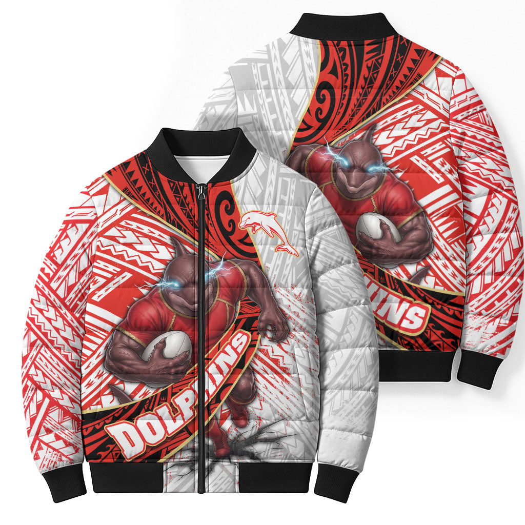 Redcliffe Dolphins NRL Rugby Bomber Puffer Jacket Tribal Polynesian Power Art - Lightning Mascot