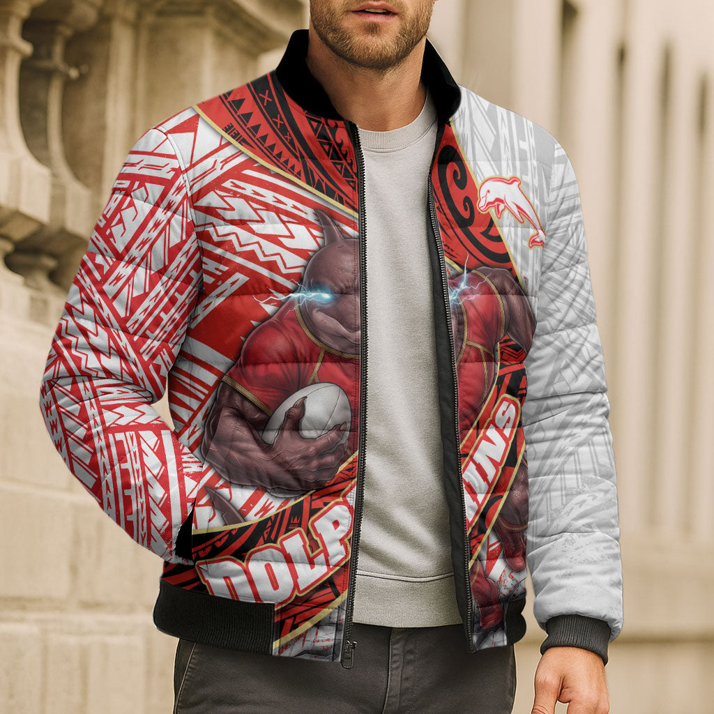 Redcliffe Dolphins NRL Rugby Bomber Puffer Jacket Tribal Polynesian Power Art - Lightning Mascot