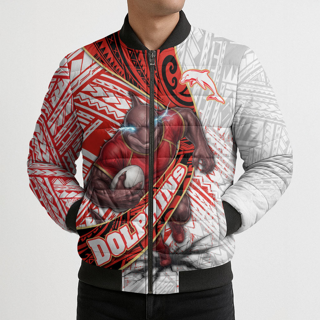 Redcliffe Dolphins NRL Rugby Bomber Puffer Jacket Tribal Polynesian Power Art - Lightning Mascot