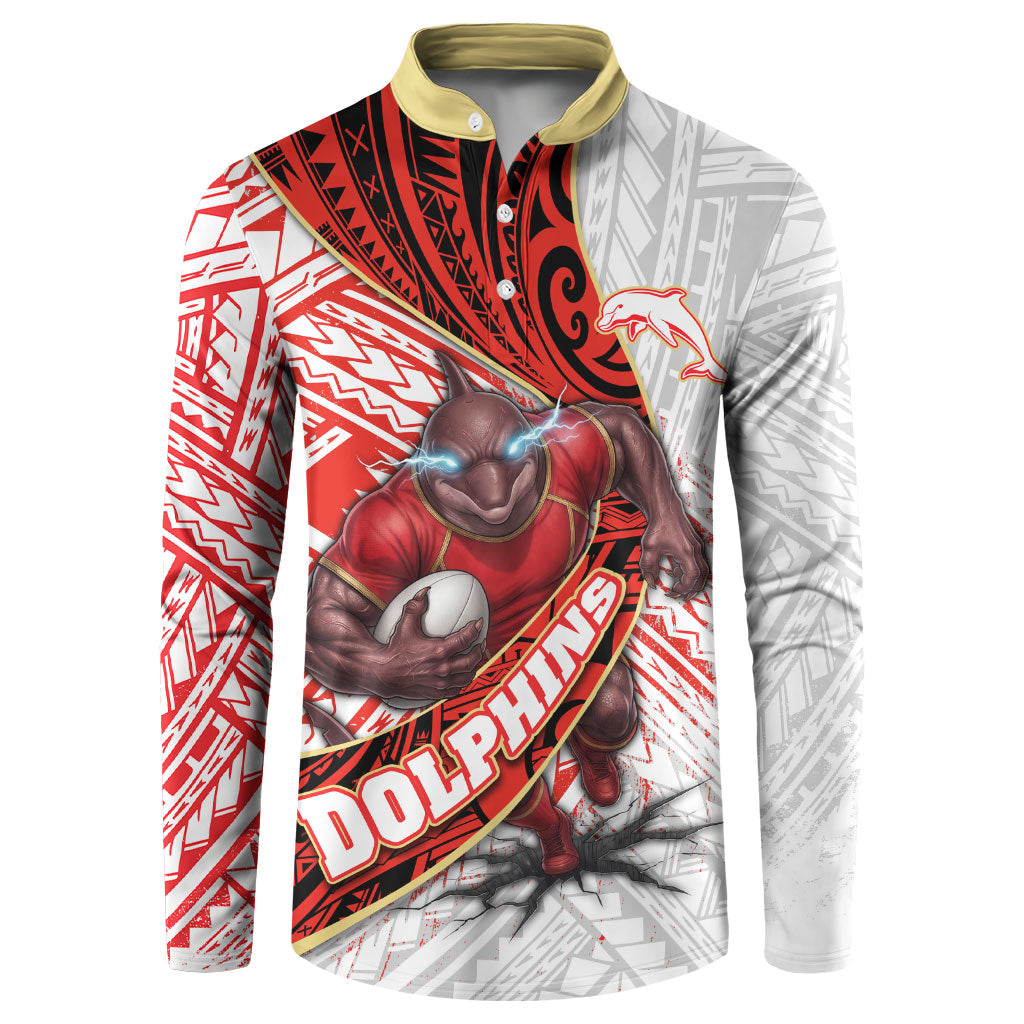 Redcliffe Dolphins NRL Rugby Button Sweatshirt Tribal Polynesian Power Art - Lightning Mascot