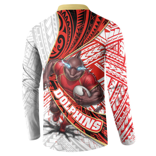 Redcliffe Dolphins NRL Rugby Button Sweatshirt Tribal Polynesian Power Art - Lightning Mascot