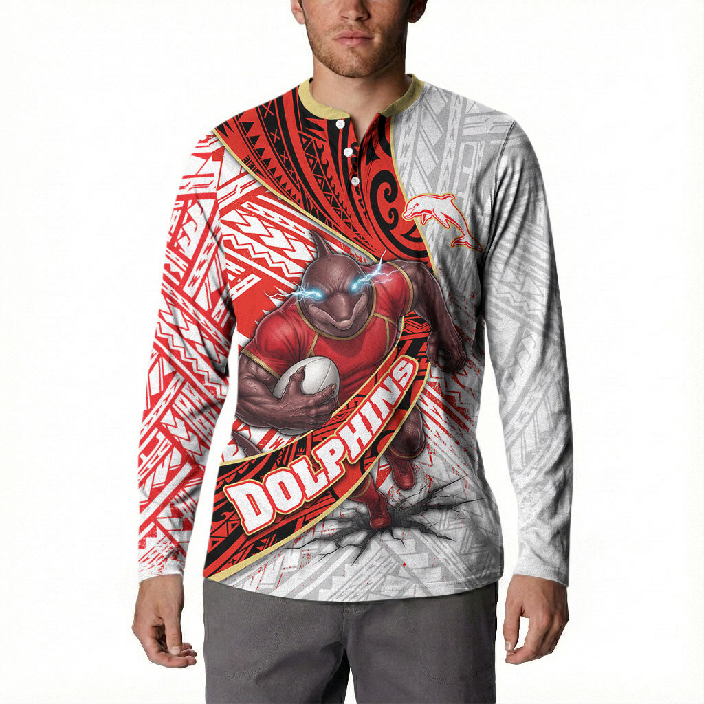 Redcliffe Dolphins NRL Rugby Button Sweatshirt Tribal Polynesian Power Art - Lightning Mascot