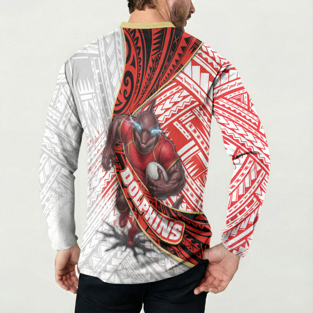 Redcliffe Dolphins NRL Rugby Button Sweatshirt Tribal Polynesian Power Art - Lightning Mascot
