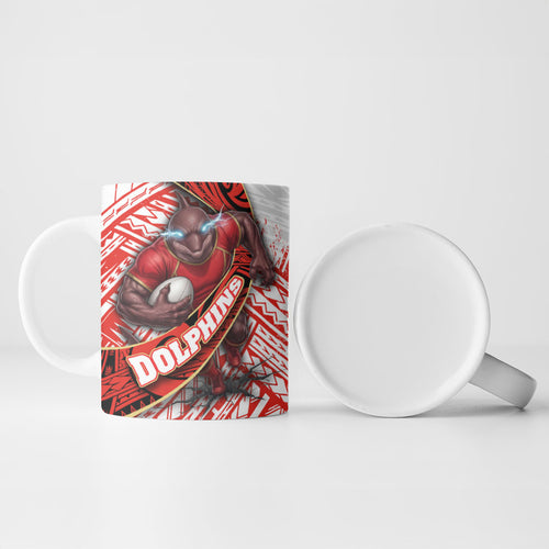 Redcliffe Dolphins NRL Rugby Ceramic Mug Tribal Polynesian Power Art - Lightning Mascot