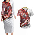 Redcliffe Dolphins NRL Rugby Couples Matching Long Sleeve Bodycon Dress and Hawaiian Shirt Tribal Polynesian Power Art - Lightning Mascot