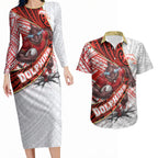 Redcliffe Dolphins NRL Rugby Couples Matching Long Sleeve Bodycon Dress and Hawaiian Shirt Tribal Polynesian Power Art - Lightning Mascot