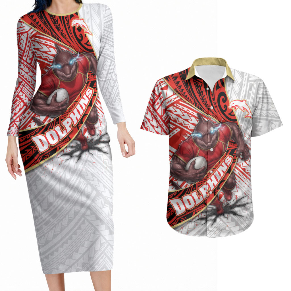 Redcliffe Dolphins NRL Rugby Couples Matching Long Sleeve Bodycon Dress and Hawaiian Shirt Tribal Polynesian Power Art - Lightning Mascot