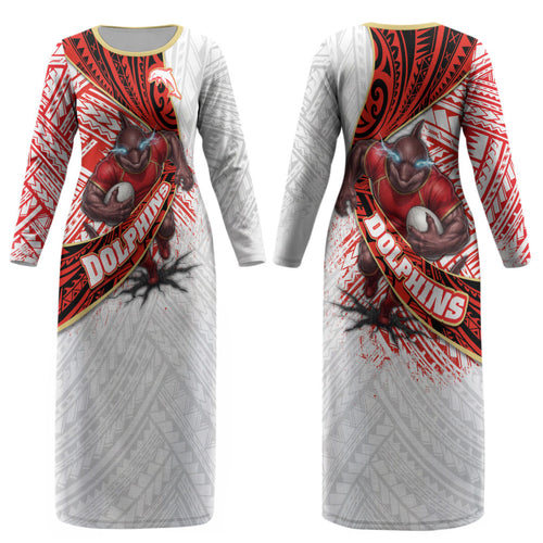 Redcliffe Dolphins NRL Rugby Couples Matching Long Sleeve Bodycon Dress and Hawaiian Shirt Tribal Polynesian Power Art - Lightning Mascot