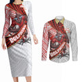 Redcliffe Dolphins NRL Rugby Couples Matching Long Sleeve Bodycon Dress and Long Sleeve Button Shirt Tribal Polynesian Power Art - Lightning Mascot