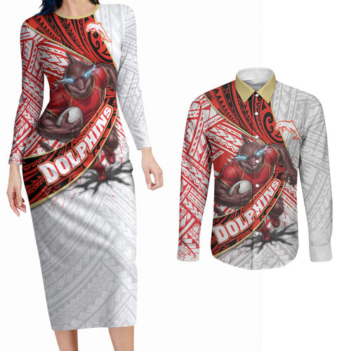 Redcliffe Dolphins NRL Rugby Couples Matching Long Sleeve Bodycon Dress and Long Sleeve Button Shirt Tribal Polynesian Power Art - Lightning Mascot