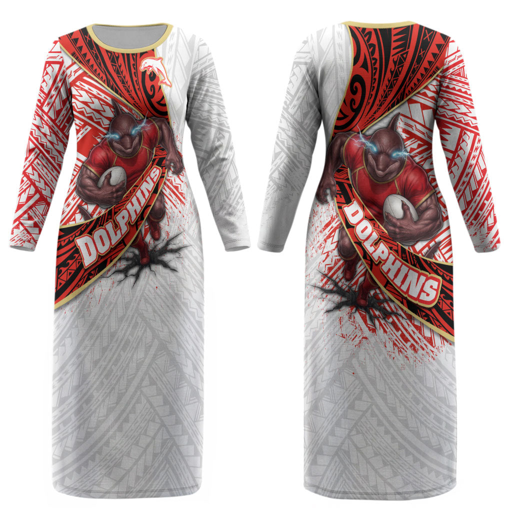 Redcliffe Dolphins NRL Rugby Couples Matching Long Sleeve Bodycon Dress and Long Sleeve Button Shirt Tribal Polynesian Power Art - Lightning Mascot