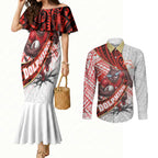 Redcliffe Dolphins NRL Rugby Couples Matching Mermaid Dress and Long Sleeve Button Shirt Tribal Polynesian Power Art - Lightning Mascot