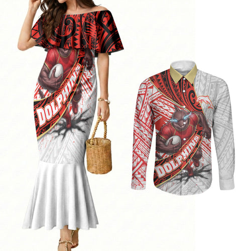 Redcliffe Dolphins NRL Rugby Couples Matching Mermaid Dress and Long Sleeve Button Shirt Tribal Polynesian Power Art - Lightning Mascot