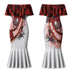 Redcliffe Dolphins NRL Rugby Couples Matching Mermaid Dress and Long Sleeve Button Shirt Tribal Polynesian Power Art - Lightning Mascot