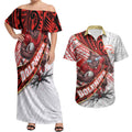 Redcliffe Dolphins NRL Rugby Couples Matching Off Shoulder Maxi Dress and Hawaiian Shirt Tribal Polynesian Power Art - Lightning Mascot