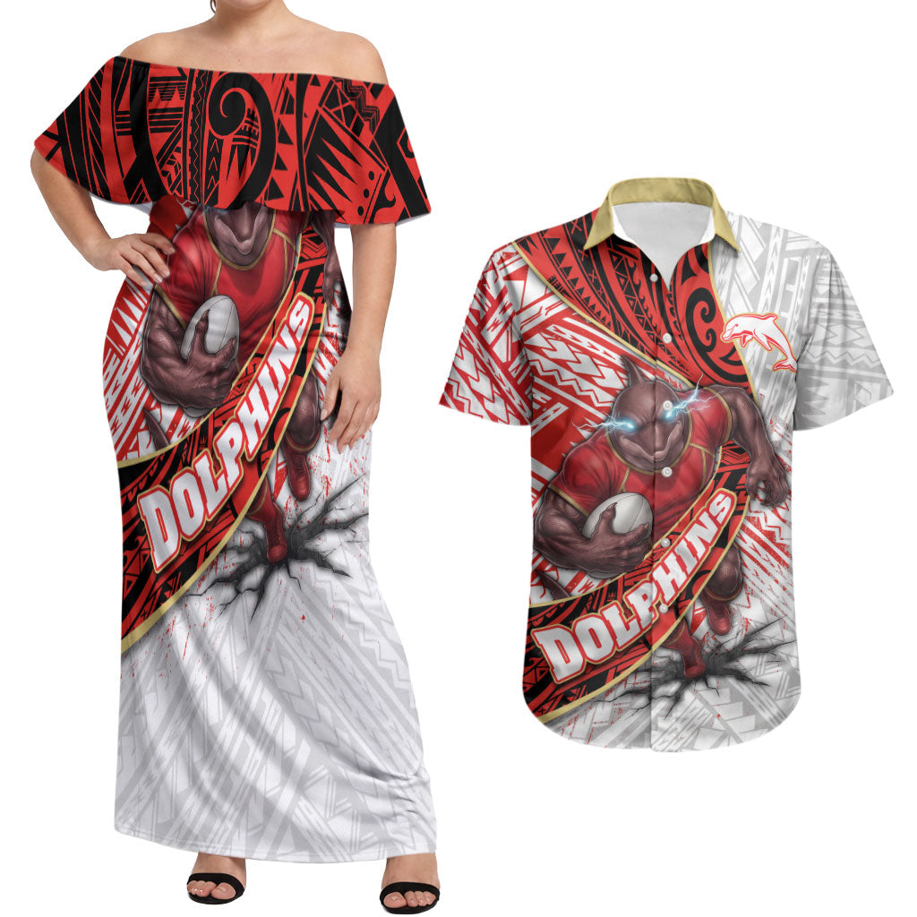 Redcliffe Dolphins NRL Rugby Couples Matching Off Shoulder Maxi Dress and Hawaiian Shirt Tribal Polynesian Power Art - Lightning Mascot