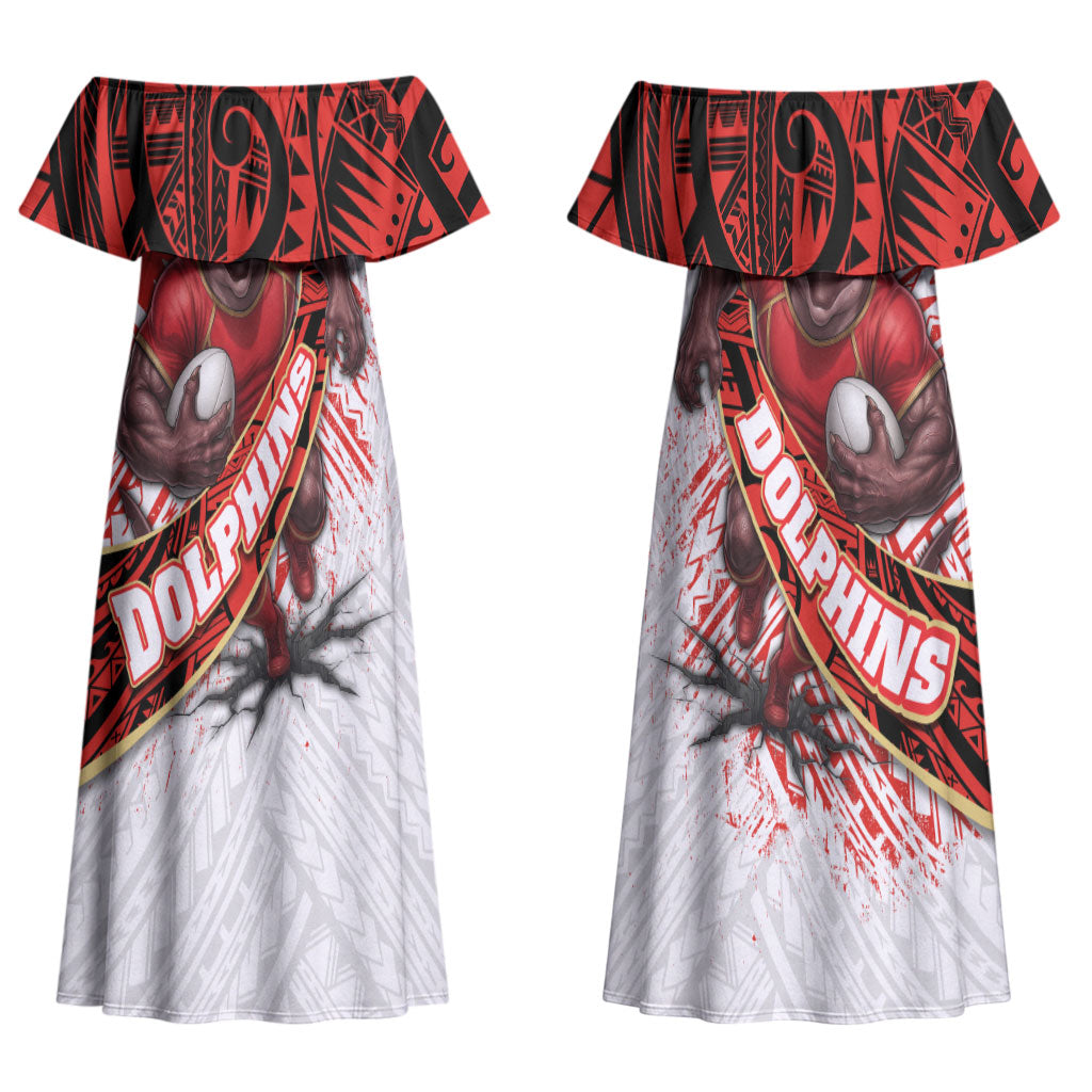 Redcliffe Dolphins NRL Rugby Couples Matching Off Shoulder Maxi Dress and Hawaiian Shirt Tribal Polynesian Power Art - Lightning Mascot