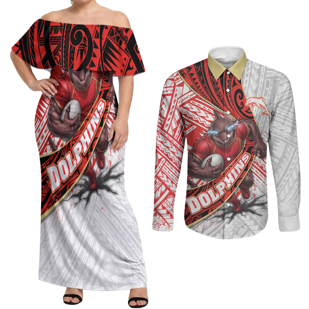 Redcliffe Dolphins NRL Rugby Couples Matching Off Shoulder Maxi Dress and Long Sleeve Button Shirt Tribal Polynesian Power Art - Lightning Mascot
