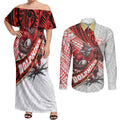 Redcliffe Dolphins NRL Rugby Couples Matching Off Shoulder Maxi Dress and Long Sleeve Button Shirt Tribal Polynesian Power Art - Lightning Mascot