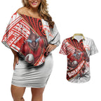 Redcliffe Dolphins NRL Rugby Couples Matching Off Shoulder Short Dress and Hawaiian Shirt Tribal Polynesian Power Art - Lightning Mascot