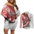 Redcliffe Dolphins NRL Rugby Couples Matching Off Shoulder Short Dress and Long Sleeve Button Shirt Tribal Polynesian Power Art - Lightning Mascot