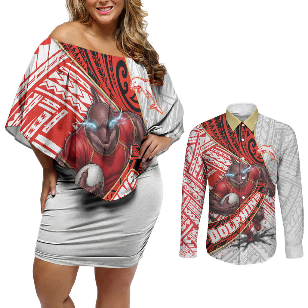 Redcliffe Dolphins NRL Rugby Couples Matching Off Shoulder Short Dress and Long Sleeve Button Shirt Tribal Polynesian Power Art - Lightning Mascot