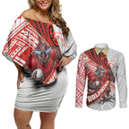 Redcliffe Dolphins NRL Rugby Couples Matching Off Shoulder Short Dress and Long Sleeve Button Shirt Tribal Polynesian Power Art - Lightning Mascot