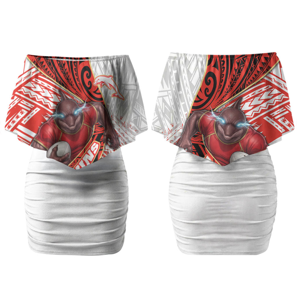 Redcliffe Dolphins NRL Rugby Couples Matching Off Shoulder Short Dress and Long Sleeve Button Shirt Tribal Polynesian Power Art - Lightning Mascot