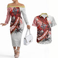 Redcliffe Dolphins NRL Rugby Couples Matching Off The Shoulder Long Sleeve Dress and Hawaiian Shirt Tribal Polynesian Power Art - Lightning Mascot