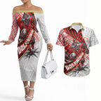 Redcliffe Dolphins NRL Rugby Couples Matching Off The Shoulder Long Sleeve Dress and Hawaiian Shirt Tribal Polynesian Power Art - Lightning Mascot