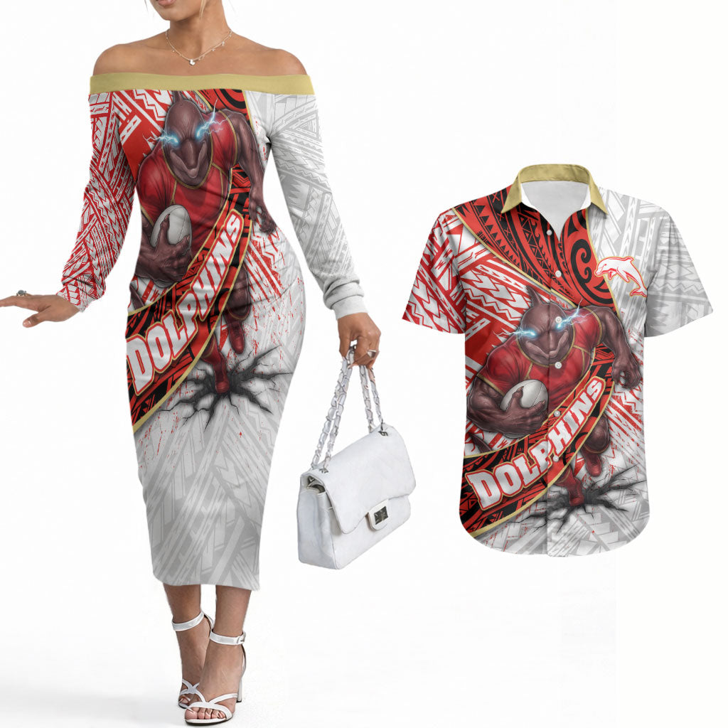 Redcliffe Dolphins NRL Rugby Couples Matching Off The Shoulder Long Sleeve Dress and Hawaiian Shirt Tribal Polynesian Power Art - Lightning Mascot