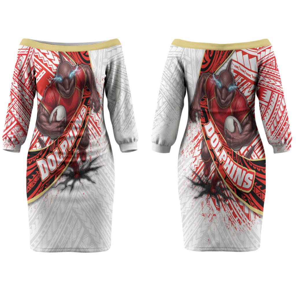 Redcliffe Dolphins NRL Rugby Couples Matching Off The Shoulder Long Sleeve Dress and Hawaiian Shirt Tribal Polynesian Power Art - Lightning Mascot