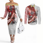 Redcliffe Dolphins NRL Rugby Couples Matching Off The Shoulder Long Sleeve Dress and Long Sleeve Button Shirt Tribal Polynesian Power Art - Lightning Mascot
