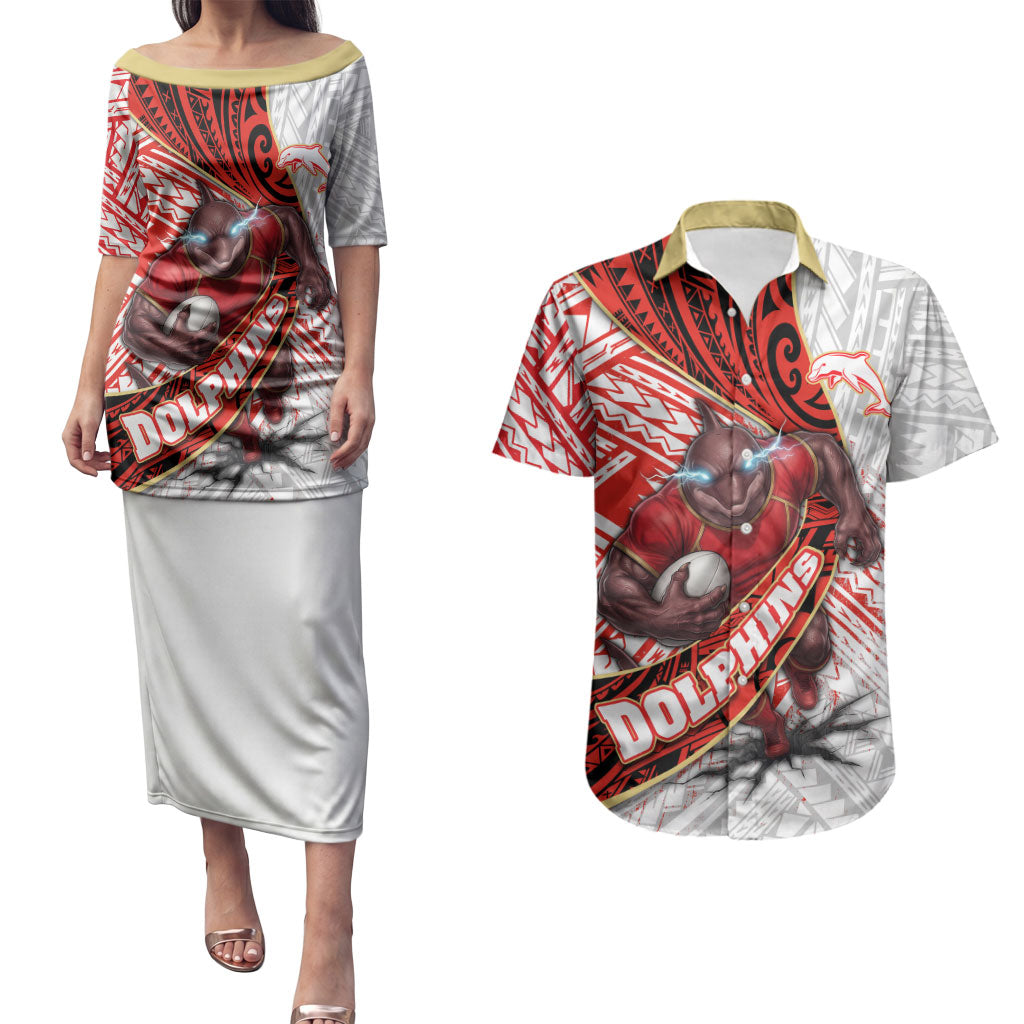 Redcliffe Dolphins NRL Rugby Couples Matching Puletasi and Hawaiian Shirt Tribal Polynesian Power Art - Lightning Mascot
