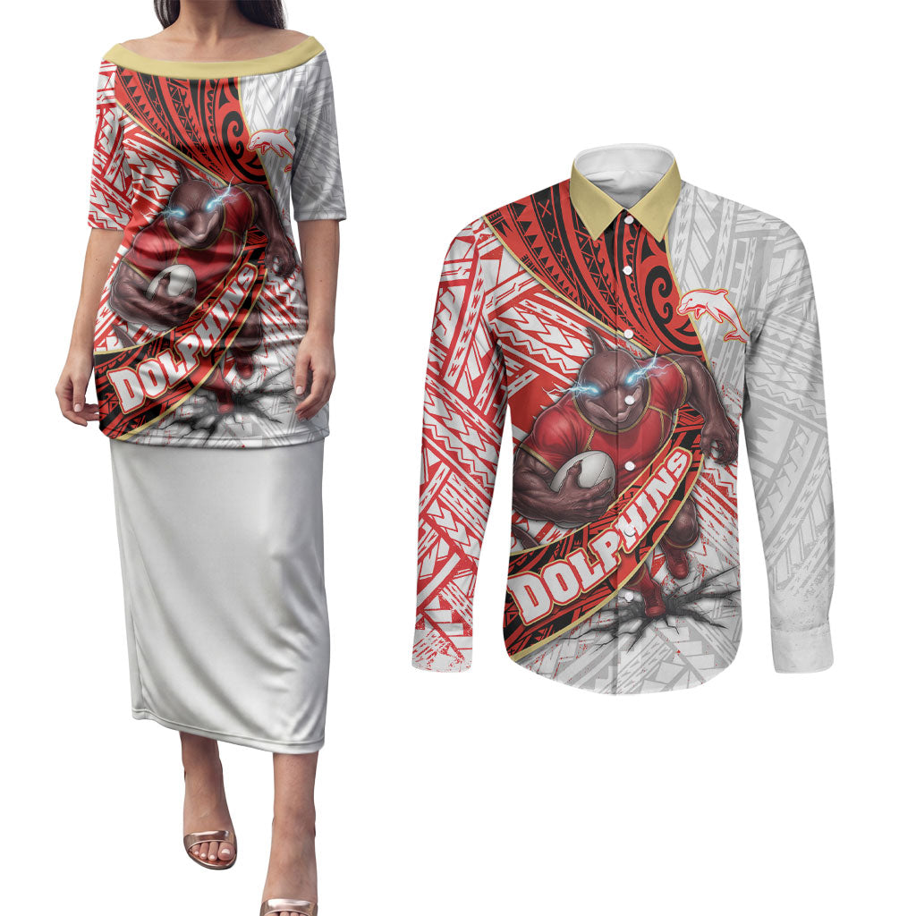Redcliffe Dolphins NRL Rugby Couples Matching Puletasi and Long Sleeve Button Shirt Tribal Polynesian Power Art - Lightning Mascot