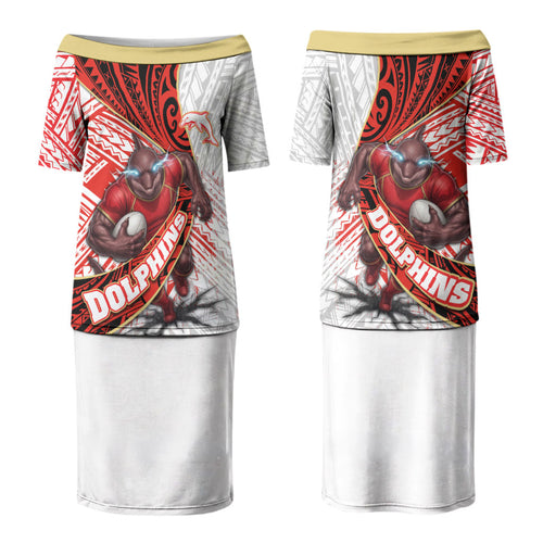 Redcliffe Dolphins NRL Rugby Couples Matching Puletasi and Long Sleeve Button Shirt Tribal Polynesian Power Art - Lightning Mascot