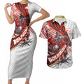 Redcliffe Dolphins NRL Rugby Couples Matching Short Sleeve Bodycon Dress and Hawaiian Shirt Tribal Polynesian Power Art - Lightning Mascot