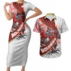 Redcliffe Dolphins NRL Rugby Couples Matching Short Sleeve Bodycon Dress and Hawaiian Shirt Tribal Polynesian Power Art - Lightning Mascot