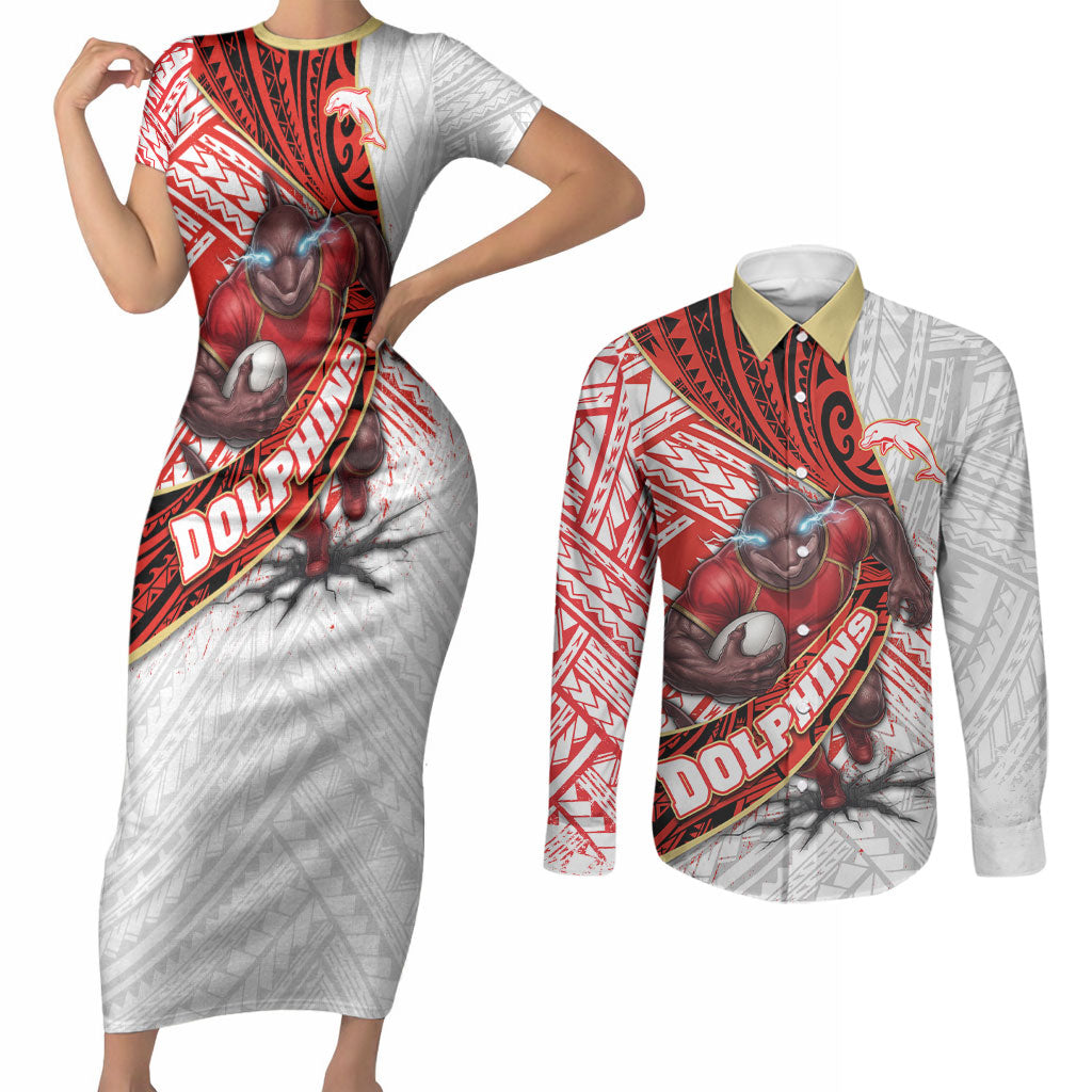 Redcliffe Dolphins NRL Rugby Couples Matching Short Sleeve Bodycon Dress and Long Sleeve Button Shirt Tribal Polynesian Power Art - Lightning Mascot