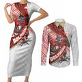 Redcliffe Dolphins NRL Rugby Couples Matching Short Sleeve Bodycon Dress and Long Sleeve Button Shirt Tribal Polynesian Power Art - Lightning Mascot
