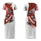 Redcliffe Dolphins NRL Rugby Couples Matching Short Sleeve Bodycon Dress and Long Sleeve Button Shirt Tribal Polynesian Power Art - Lightning Mascot