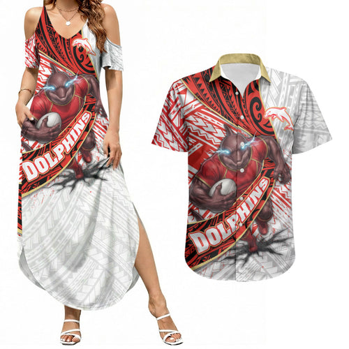 Redcliffe Dolphins NRL Rugby Couples Matching Summer Maxi Dress and Hawaiian Shirt Tribal Polynesian Power Art - Lightning Mascot