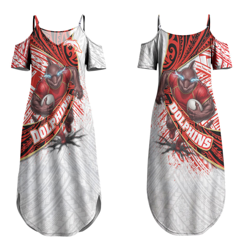 Redcliffe Dolphins NRL Rugby Couples Matching Summer Maxi Dress and Hawaiian Shirt Tribal Polynesian Power Art - Lightning Mascot