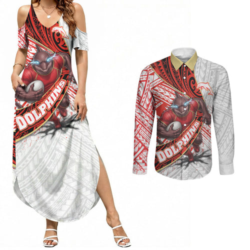 Redcliffe Dolphins NRL Rugby Couples Matching Summer Maxi Dress and Long Sleeve Button Shirt Tribal Polynesian Power Art - Lightning Mascot