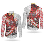Redcliffe Dolphins NRL Rugby Couples Matching Summer Maxi Dress and Long Sleeve Button Shirt Tribal Polynesian Power Art - Lightning Mascot