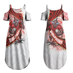 Redcliffe Dolphins NRL Rugby Couples Matching Summer Maxi Dress and Long Sleeve Button Shirt Tribal Polynesian Power Art - Lightning Mascot