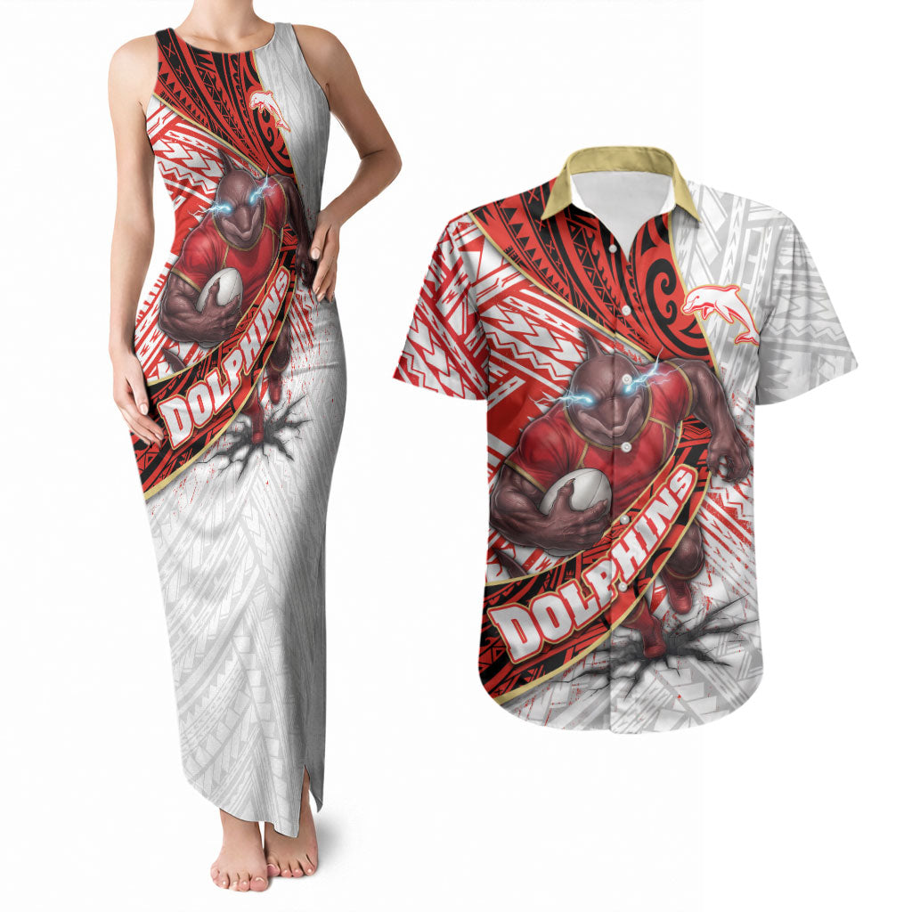 Redcliffe Dolphins NRL Rugby Couples Matching Tank Maxi Dress and Hawaiian Shirt Tribal Polynesian Power Art - Lightning Mascot