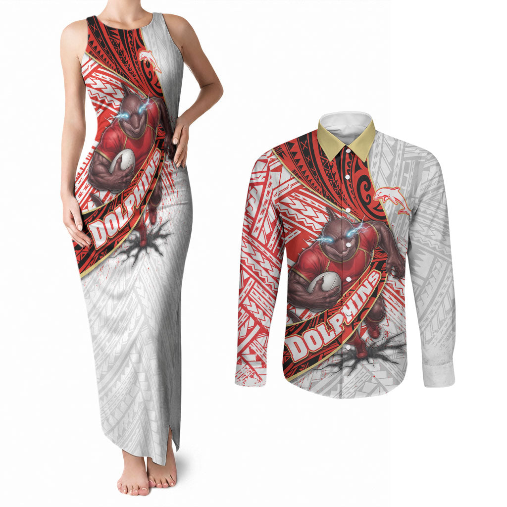 Redcliffe Dolphins NRL Rugby Couples Matching Tank Maxi Dress and Long Sleeve Button Shirt Tribal Polynesian Power Art - Lightning Mascot