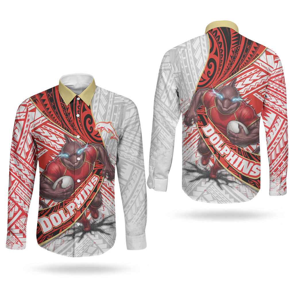 Redcliffe Dolphins NRL Rugby Couples Matching Tank Maxi Dress and Long Sleeve Button Shirt Tribal Polynesian Power Art - Lightning Mascot